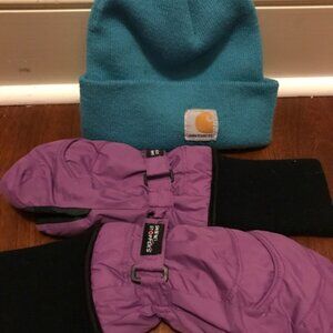 Carhartt Teal Hat & Snow Stopper Purple Mittens Bundle Girls Size Medium